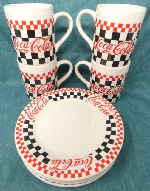 Coca-Cola Set of 8 1997 Gibson Checkered 7.75" Plates & Coffee Mugs Cups