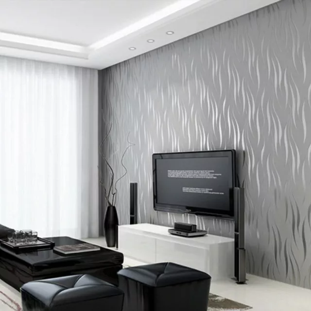 3D Wave Effect Silver Wallpaper Pearlescent Embossed Wall Paper Non-woven Decors