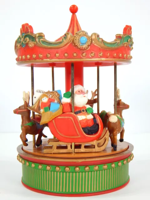 Vintage Musical Wind Up Christmas Merry Go Round Carousel Santa Reindeer Holiday