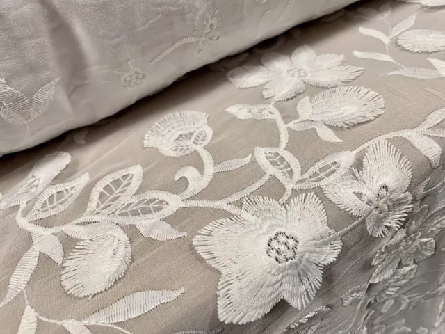 Chiffon Couture Fabric With Embroidery And Flower Appliqué, Per Metre - White