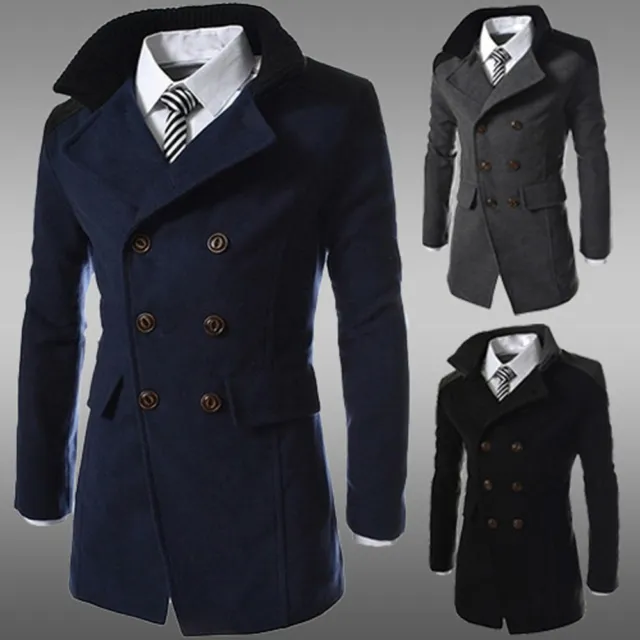 Mens Winter Warm Woolen Long Jacket Trench Coat Double Breasted Overcoat Outwear