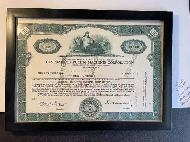 General computing machines corporation share certificate in Frame