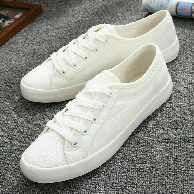 Classique Dame de Femmes Chaussures en Toile Tennis Lacet Plat Blanches Noires