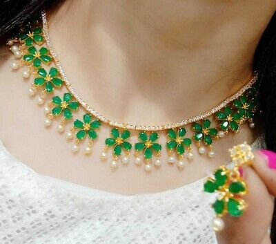 Indian Pakistan Bollywood American Diamond Necklace Green Gold Tone Pearl Party