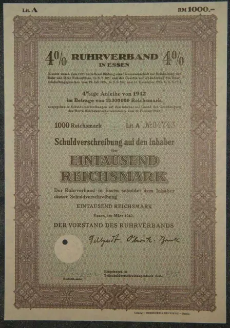 LOT 10 X Ruhrverband in Essen 1942 4 % 1000 RM