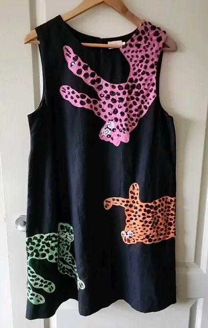 Gorman Black Linen Blend Cheetah Cat Shift Dress Sz 12