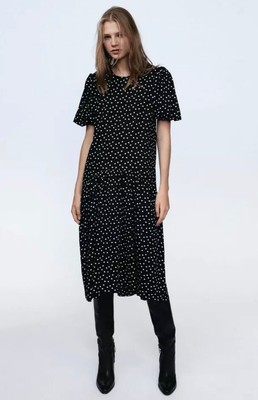 ZARA Black White Polka Dot Print Tiered Frill Hem Midi Dress Size M BNWT
