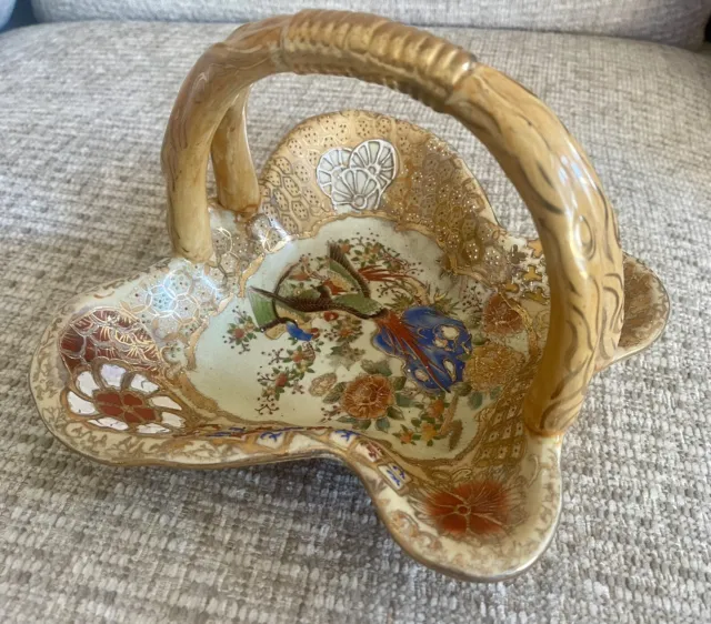 Vintage Satsuma Hand Painted Gilded Bowl With Handle