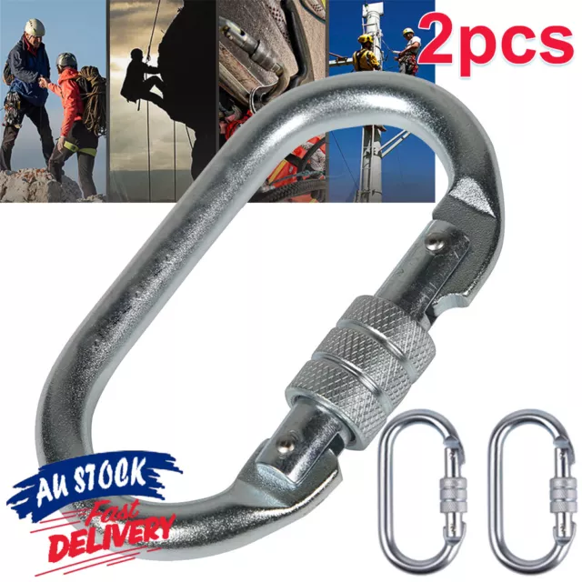2X Mountaineering Lock Hook or 2500kg Steel Screw Silve 25KN Climbing Carabiner