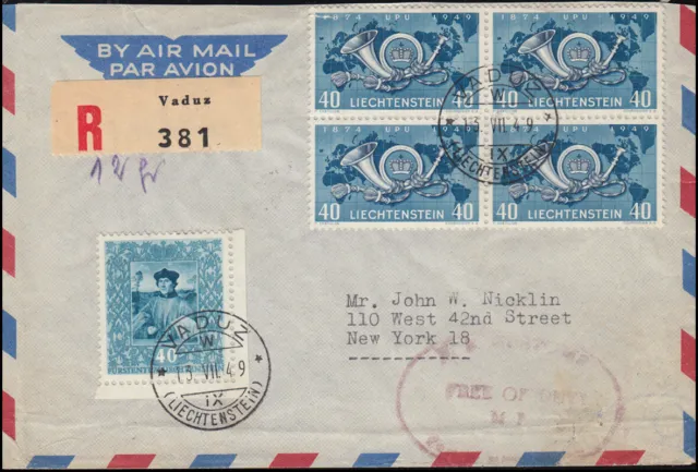 Liechtenstein 277 Weltpostverein im Viererbock mit 271 R-Brief VADUZ 13.7.1949