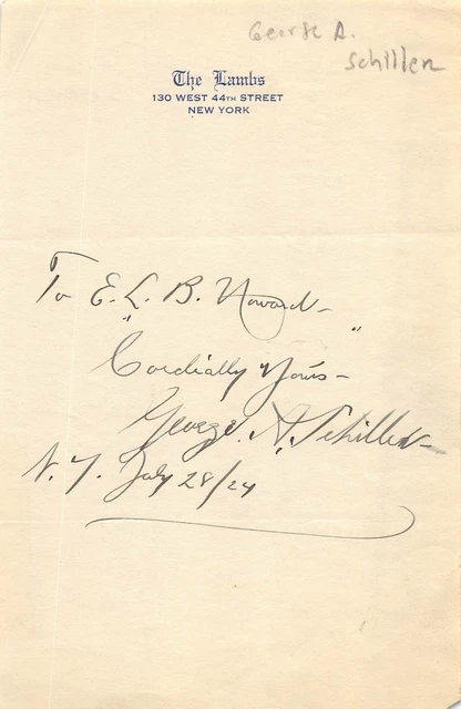 George Schiller Broadway Theatre Stage Actor New York Autograph Signature 1924