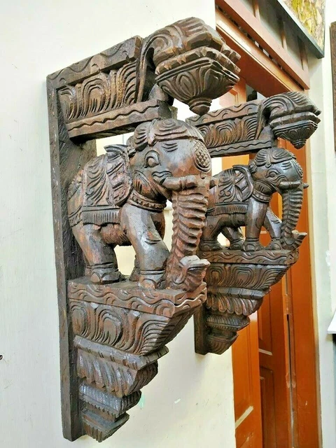 Elephant Wooden Bracket Corbel Pair Statue Handmade Wall Shelf Home Art Decor US