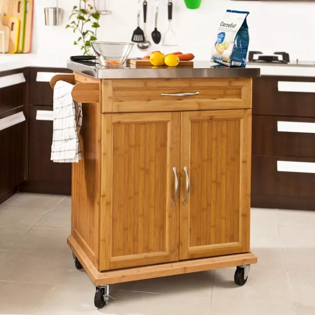 SoBuy Carrito de cocina con piso de acero Carrito de servir de bambú FKW13-N,ES