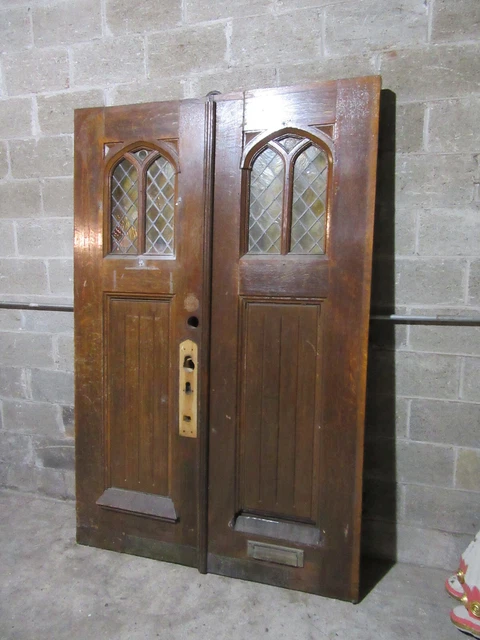 ~ Antique Gothic Oak Double Entrance French Doors With Stained Glass ~ 55 X 84 2