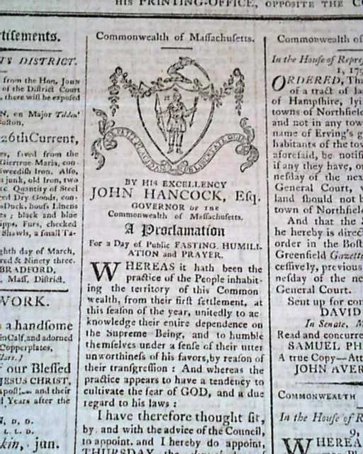 JOHN HANCOCK Massachusetts Governor Signature Type SIGNED 1790 Boston Newspaper