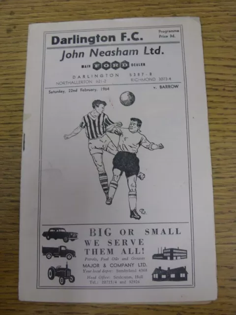 22/02/1964 Darlington v Barrow  (slight rusty staple, minor nick on spine). Good