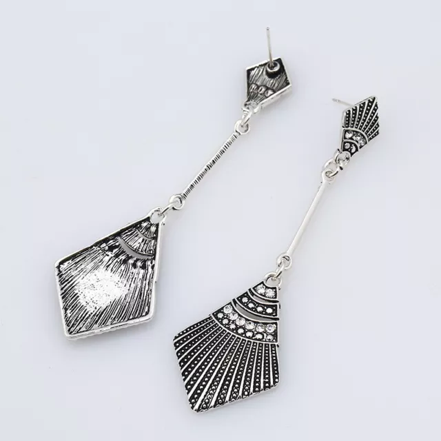 Long Minimalist Art Deco Style Drop Dangle Antique Silver Crystal Earrings