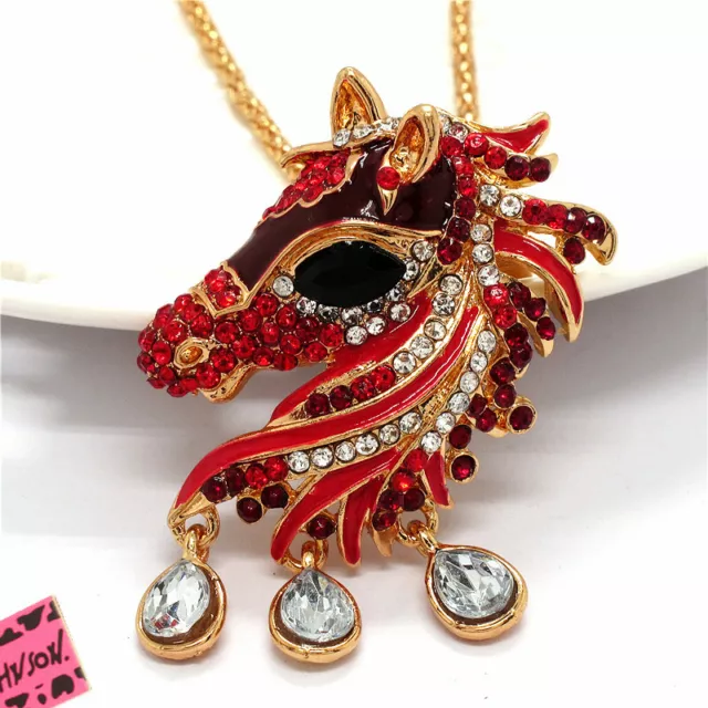 New Fashion Women Rhinestone Red Enamel Crystal Horse Pendant Chain Necklace