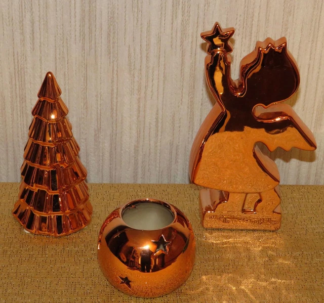Decorazione natalizia in 3 pezzi in oro rosso * albero * angelo * luce da tè * metallizzato