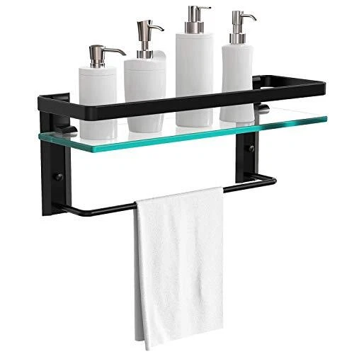 Vdomus Tempered Glass Bathroom Shelf with Towel bar Wall Mounted Shower Stora...