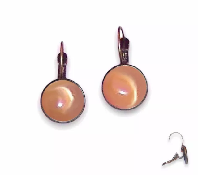 10mm Earrings Lever Backs - Antique Brass Setting & Rust Peach Cat Eyes - Glass