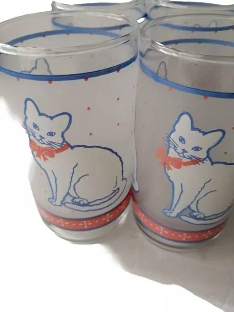 Vintage Rare Set 4 Libby White Frosted Drinking Glasses 12ozblue Pink Kitty 2