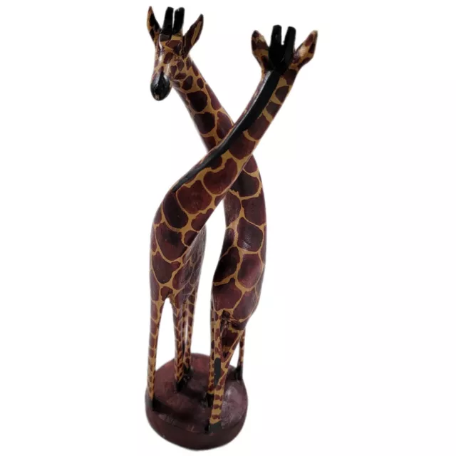 13" Hand Carved Wooden Hugging Giraffes Sculpture Figurine Statue Pair