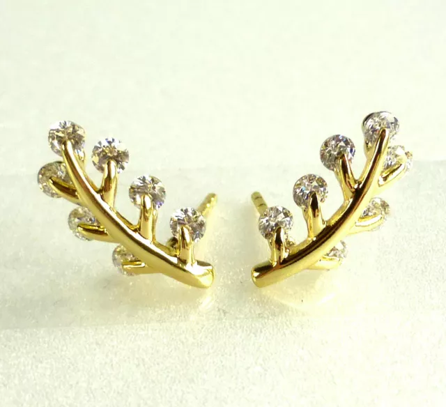 Olive Leaf Climber Small Stud Earrings 14K Yellow Gold Plated Cubic Zirconia