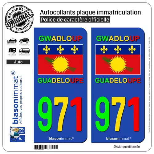 2 Blason plaque immatriculation auto | 971 Guadeloupe - VJR Drapeau