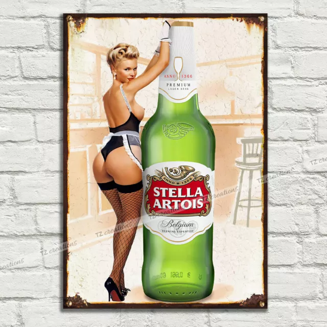 STELLA ARTOIS PIN UP MÄDCHEN Vintage Metallschild Schild Mann Höhle Pub Club Café BAR