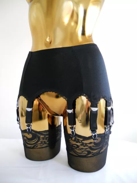 Medium 12 Strap Black Lycra Lace Trim Designer Retro Burlesque Suspender Belt