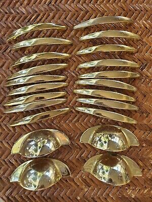 22 Used Shiny Solid Brass Cabinet or Drawer Knobs 4" Pulls no hardware