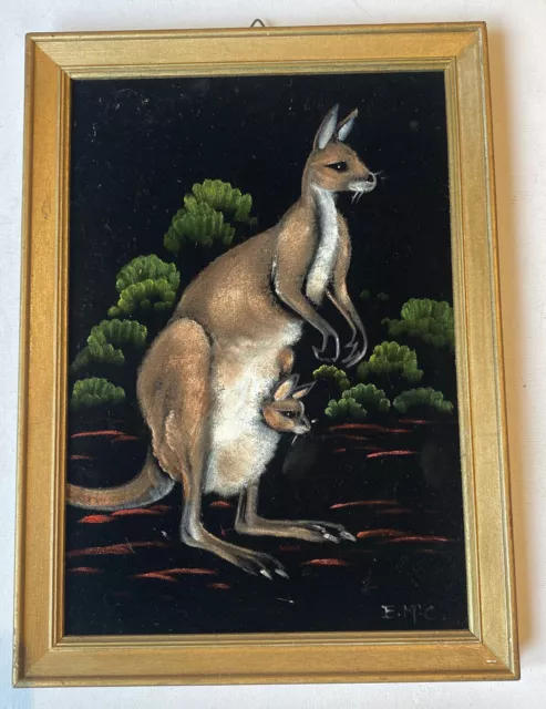 Vintage Australian Aboriginal Oil Painting Of Kangaroo On Velvet Signed EMC