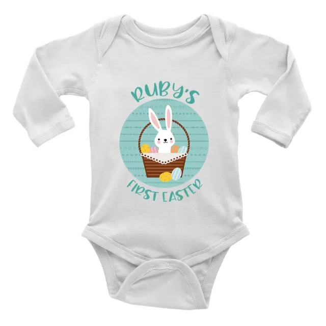 Personalised My First Easter Bunny in Basket Long Sleeve Baby Grow Vest Bodysuit