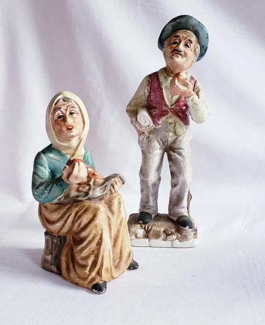 2 Vtg Elderly Couple &Apples Norleans Porcelain Figurines 7 1/4" & 5 1/4" Japan
