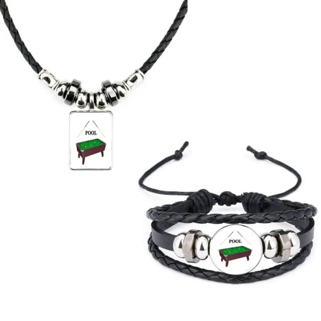 Set Of 2 Pool Cue Billiards Black Bracelet And Black Leather Necklace With Bag