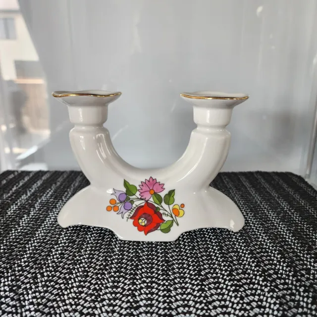 VTG Hungarian Porcelain Double Candle Holder Kalocsa Design Handpainted