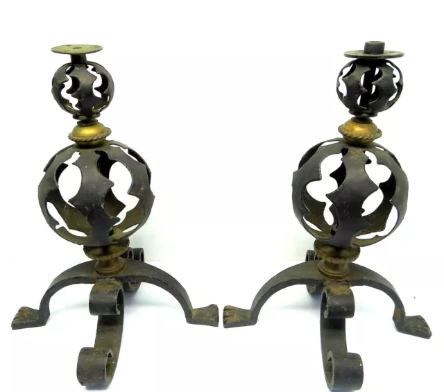 Antique Pair Old Wrought Iron Decorative Brass Finial Round Candle Holders