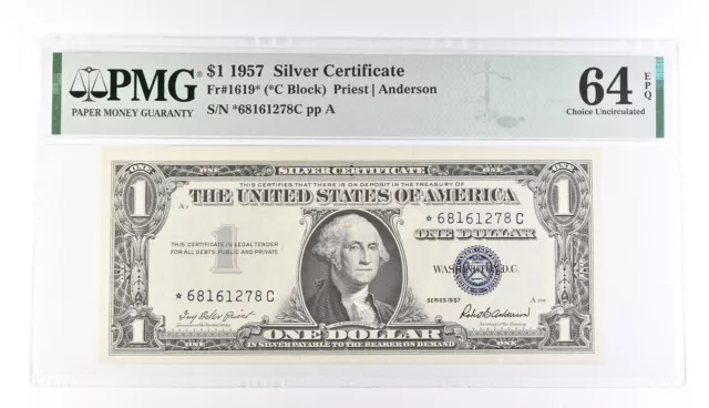 1 1957 Silver Certificate PMG 64 EPQ Gem New, Fr# 1619* (*C Block) *531
