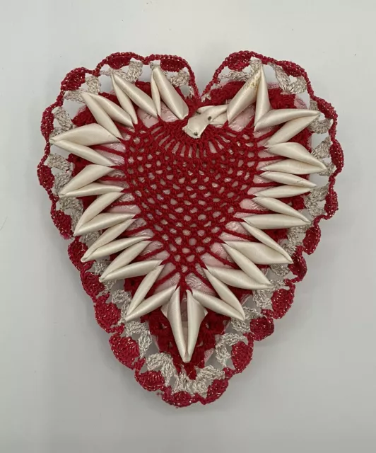 Vintage Red Crochet Ribbon Heart Valentine Pin Cushion Pillow Victorian Grandma
