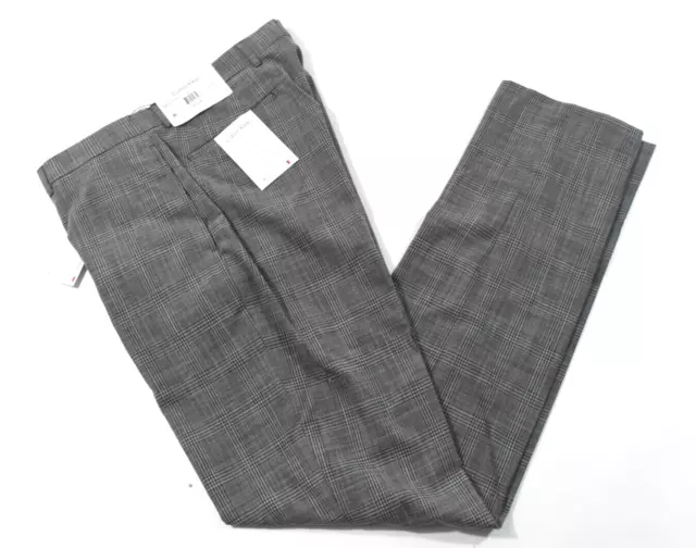 Calvin Klein Mens Dress Pants New 36 x 34 Gray Plaid X-Slim Fit Flat Front