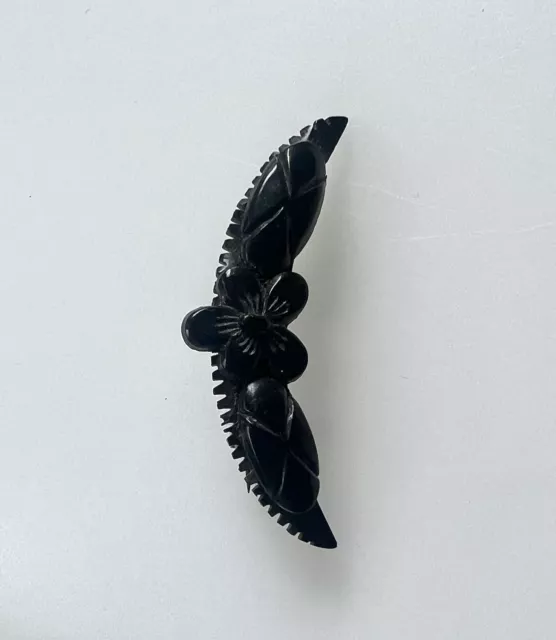 Antique Victorian Vulcanite Crescent Moon Flower Mourning Brooch Pin 1.65"