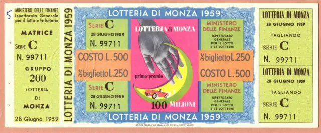 Biglietto con Tagliando e Matrice Lotteria di Monza Anno 1959