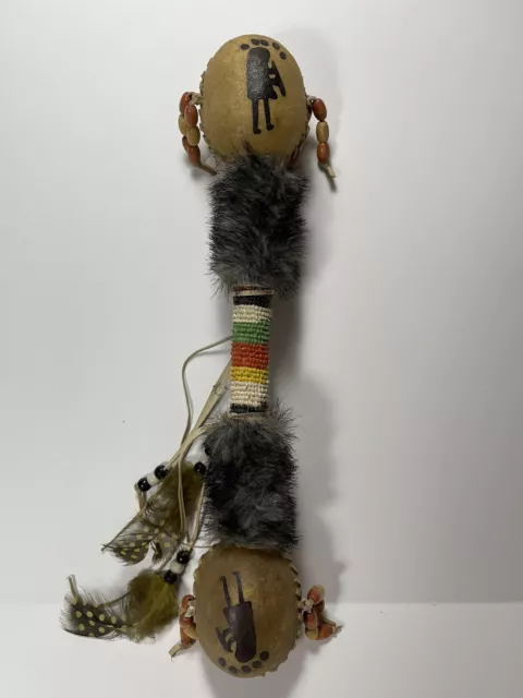 Native American Indian Ceremonial Double Rattle, Rawhide, Wooden Beads, Fur Native American Indian Ceremonial Double Rattle, Rawhide, Wooden Beads, Fur