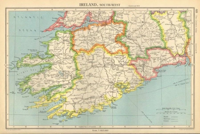 Antique Map 1947 Bartholomew Ireland, South-West