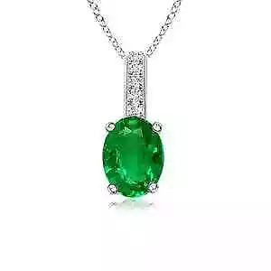 ANGARA 6x4mm Natural Emerald Solitaire Pendant with Diamond Bale in Silver