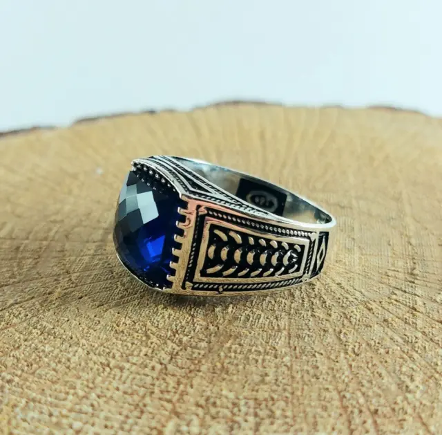 925 Sterling Silver Handmade Men's Ring with Square Shape Blue Sapphire Stone