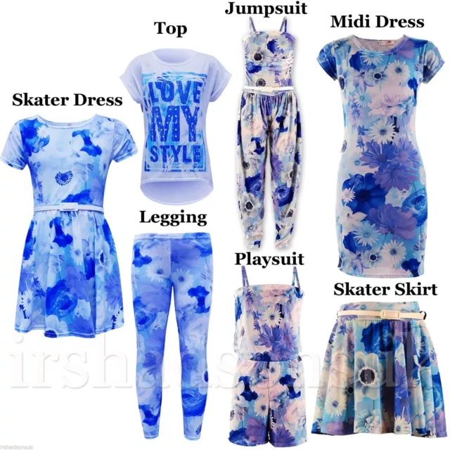 Kids Girls New Season Blue Floral Print Legging Skater Midi Dress Crop Top 2-13Y