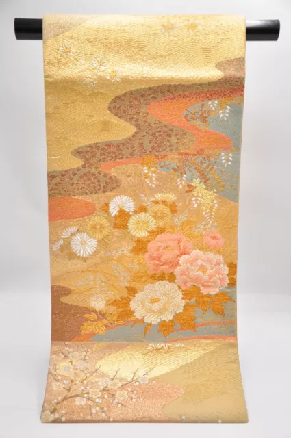 Vintage Japanese Kimono Fukuro Obi Silk Classic Lucky Pattern Flowers #JPS0013