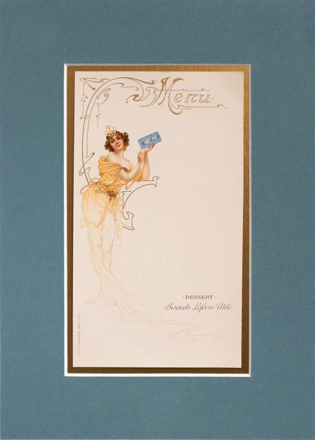 1900 Original French Advertising Menu (Woman/Gold Dress, Blue Box) Matted